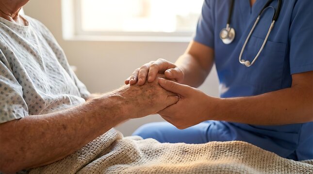 Doctor holding the hand of an elderly patient in a hospital