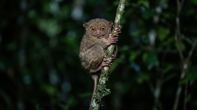 Portrait of a Philippine Tarsier with Large Eyes Clinging to a Tree Branch in a Tropical Rainforest