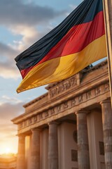 Naklejka premium German flag waving against Brandenburg Gate sunset