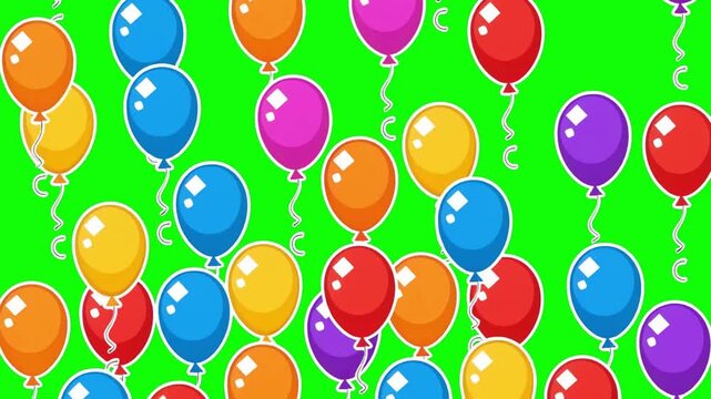 Colorful cartoon balloons floating up animation on green screen background