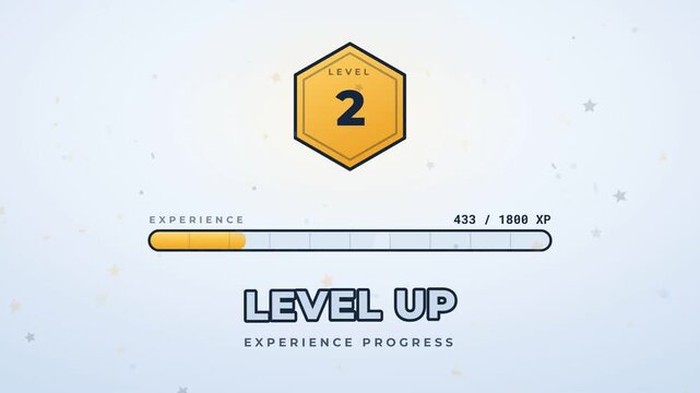 Level up animation with hexagon badge and experience bar filling from level 1 to 5