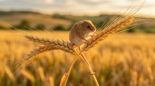 Tiny Harvest Mouse Perched on Golden Wheat Ears in a Sunlit Field at Sunset, Cute Wildlife Photography