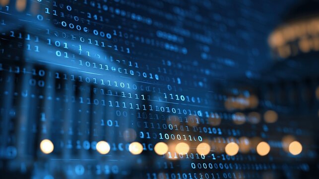 Abstract blue binary code background with bokeh lights