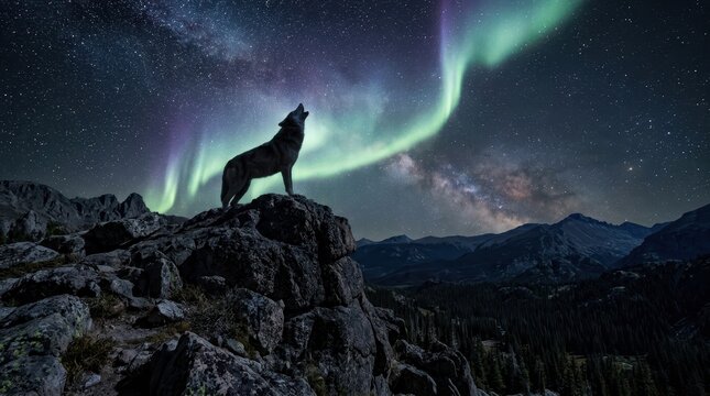 Majestic Wolf Howling on a Rocky Peak under the Northern Lights and Milky Way Galaxy Night Sky
