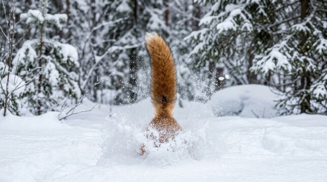 Red Fox Diving Headfirst into Deep Snow While Hunting in a Winter Forest with Bushy Tail Sticking Up