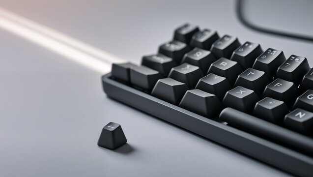 Black Mechanical Keyboard with Removed Keycap on Gray Desk Surface