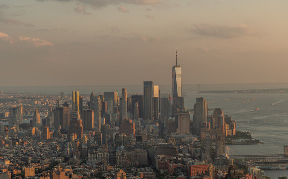 Beautiful panoramic aerial Manhattan, Jersey City, and Hudson River at sunset, New York City