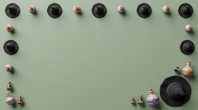A festive halloween border frame created with various small decorative pumpkins and gourds arranged neatly on a solid light green background surface