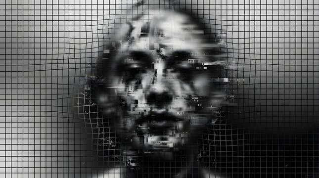 Distorted face of an elderly man with a grid pattern overlay in dramatic black and white