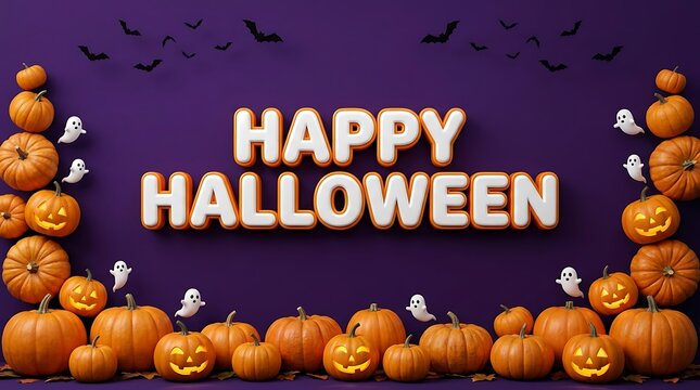 A festive happy halloween background featuring carved jack o lanterns and cute ghosts arranged on a dark purple surface for seasonal holiday celebration designs