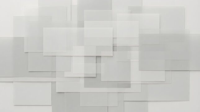 An abstract geometric background features overlapping squares in a range of light gray and white color variations