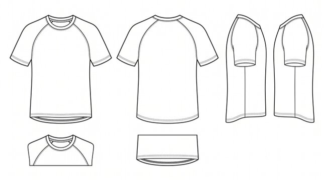Raglan Sleeve T-Shirt Technical Sketch Vector Flat Template - Front Back Side and Folded Views