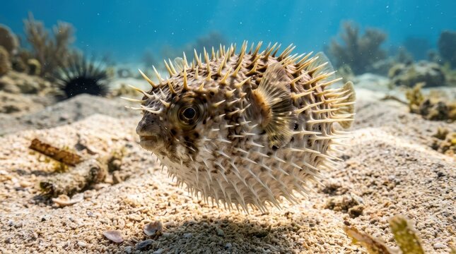 Inflated Porcupinefish Pufferfish Underwater on Sandy Seabed with Spines Extended in Tropical Coral Reef Environment