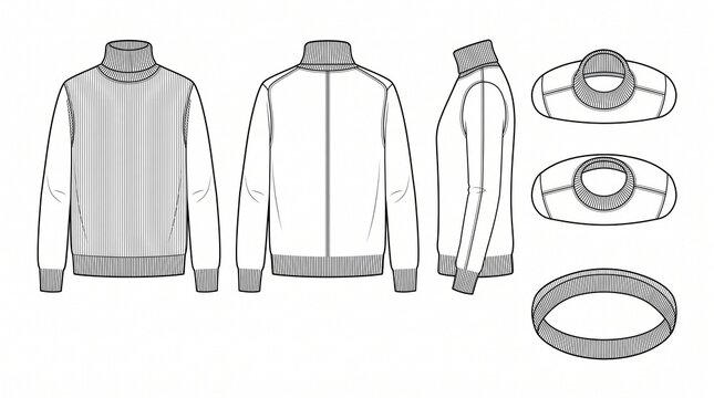 Men's Ribbed Turtleneck Sweater Technical Fashion Flat Sketch Vector Template