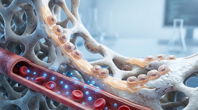 Microscopic osteoporosis bone structure with blood vessel and cells