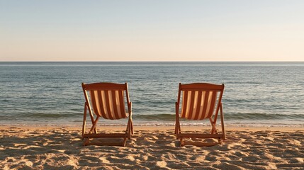 Fototapeta premium Two empty wooden deck chairs on sandy beach