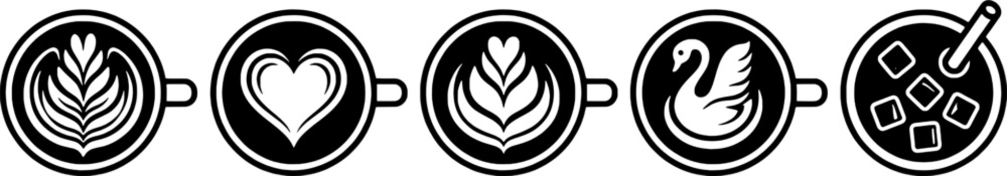 Isolated Top Down Coffee Cup Latte Art Rosetta Heart Vector Set