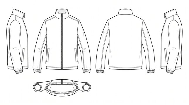 Men's Zip-Up Windbreaker Jacket Technical Drawing Vector - Front Back Side Views Fashion Flat Sketch Template Mockup
