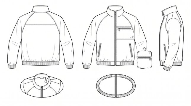 Men's Windbreaker Jacket Technical Fashion Flat Sketch, Front, Back, and Side Views with Packable Pouch Detail