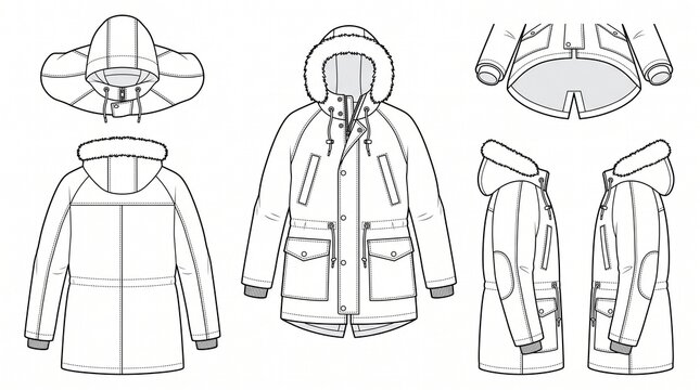 Technical Fashion Sketch of Men's Winter Parka Jacket with Fur Hood, Vector Illustration for Apparel Design