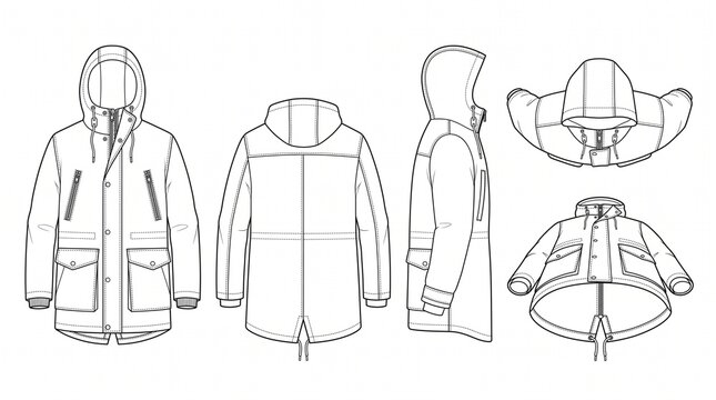 Men's Hooded Parka Jacket Technical Sketch Flat Fashion Template Front Back Side Top and Bottom Views Illustration