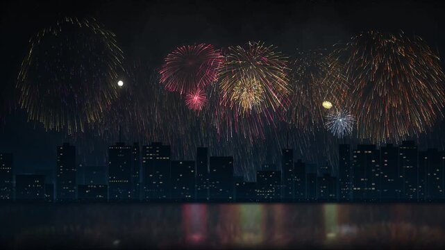 Colorful fireworks exploding over a dark city skyline at night with water reflection