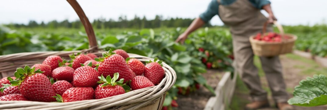 Close up of fresh red strawberries in woven