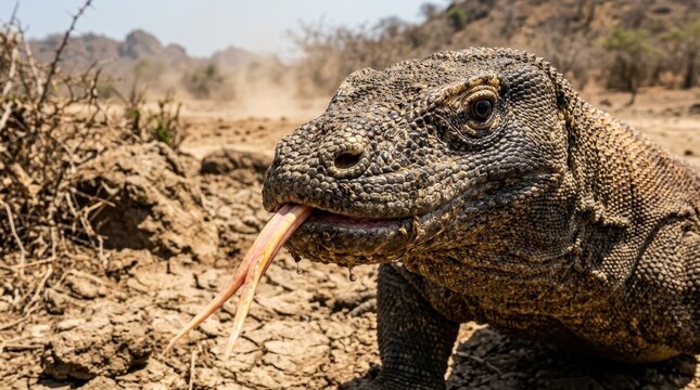 Close-up Portrait of a Komodo Dragon Flicking Its Forked Tongue in Arid Natural Habitat