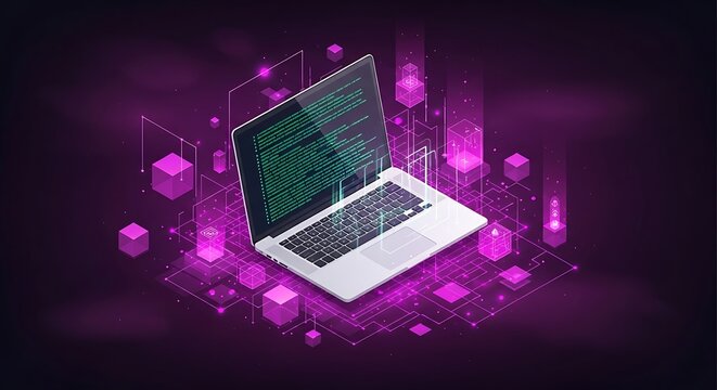 Isometric laptop with code, data lines, and glowing purple cubes
