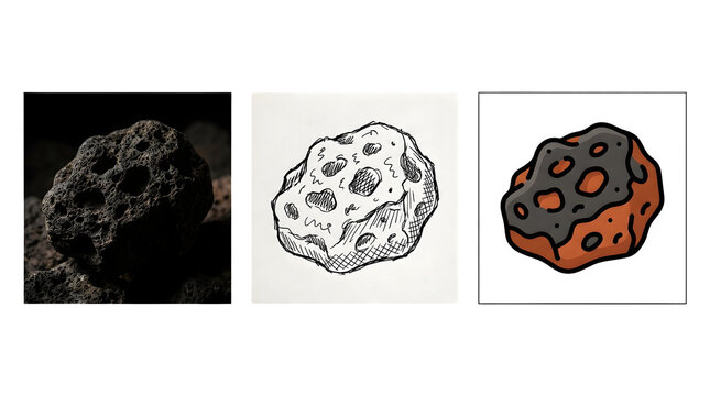 Volcanic rock and meteorite set, porous lava stone collection, hand drawn space asteroid icons for science education