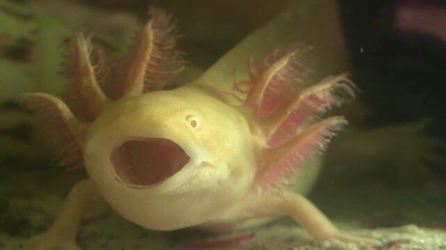 Full Body Golden Axolotl Yawning Underwater in Freshwater Aquarium
