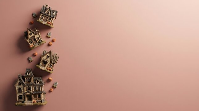 A minimalist flat lay composition featuring small decorative metal halloween houses arranged on a soft pink background with plenty of copy space