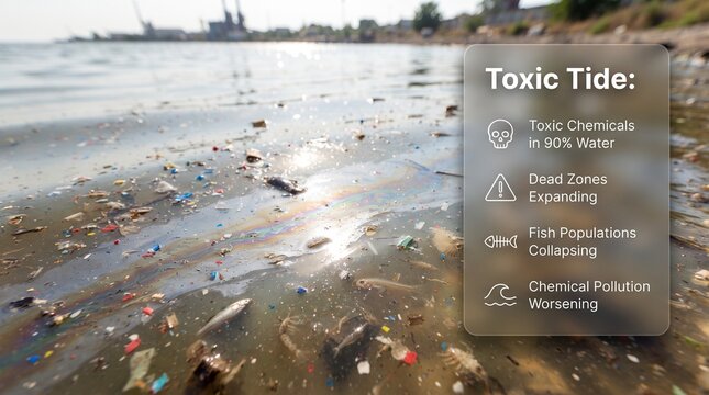 Toxic tide environmental concept showing polluted shoreline with garbage and chemical residue alongside informational infographic text panel garbage beach environmental disaster water pollutio