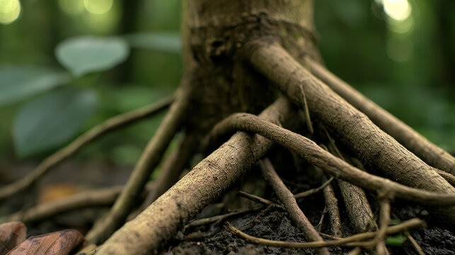 Stilt root tree trunk forest floor soil close up nature brown green tropical growth stability natural texture moist environment