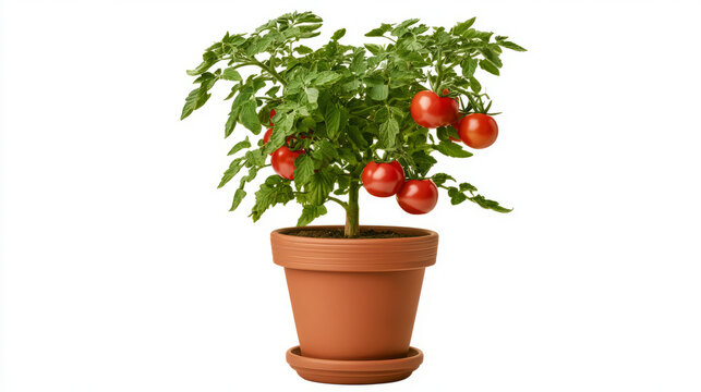 Lush cherry tomato plant in a terracotta pot showcasing ripe red tomatoes ready for picking