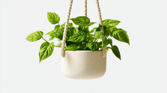 Lush green basil plant displayed in a stylish hanging planter perfect for home decoration and gardening lovers