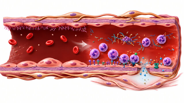 Cross Section Diagram of Blood Vessel Showing Immune Response Leukocyte Extravasation and Endothelial Layer
