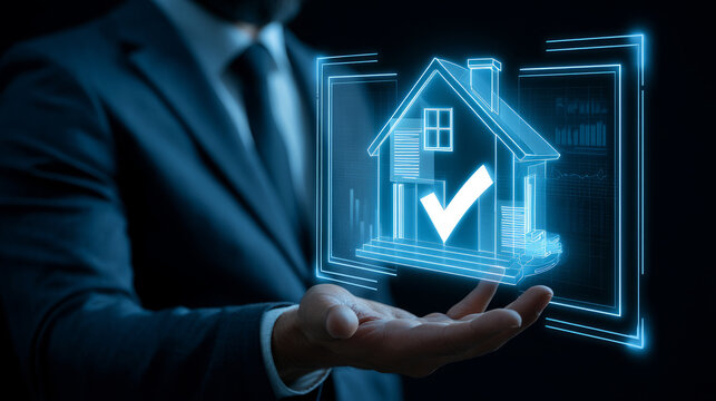 Businessman holding a digital house icon with checkmark representing real estate approval and success