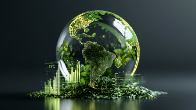 Eco friendly concept green earth in glass sphere with data visualization and plants for sustainability themes