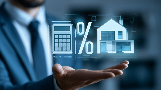Businessman presenting digital real estate data with calculator and house icons in modern office setting