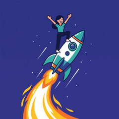 Naklejka premium Woman celebrating on a launching rocket symbolizing business success, startup growth, entrepreneurship, ambition, career achievement, innovation, progress, motivation, opportunity and leadership.