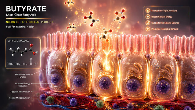Intestinal Epithelium Diagram Showing Butyrate Fatty Acid Molecules Fueling Gut Health and Tight Junctions