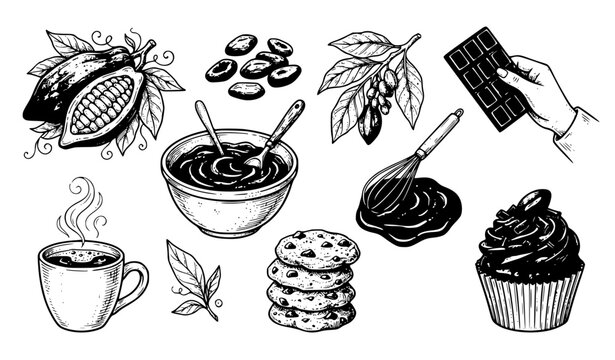 Retro Cocoa Beans Chocolate Sweets and Baking Hand Drawn Vector Set