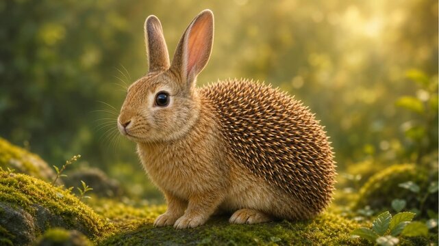 Detailed brown rabbit with long ears and realistic textured fur facing sideways in a woodland setting