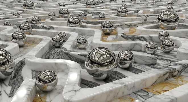 Reflective chrome spheres navigating a winding marble maze