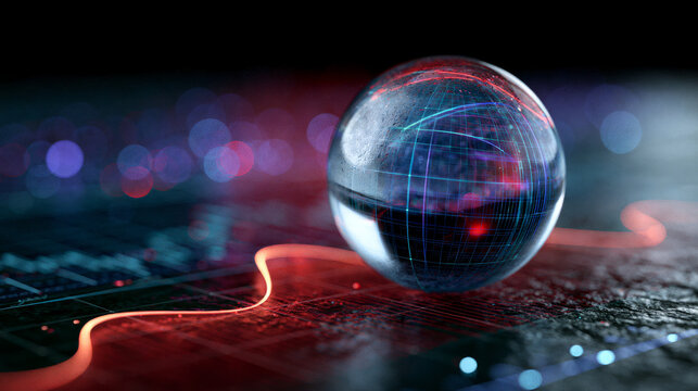 A futuristic glass sphere displaying intricate digital data patterns against a dark backdrop