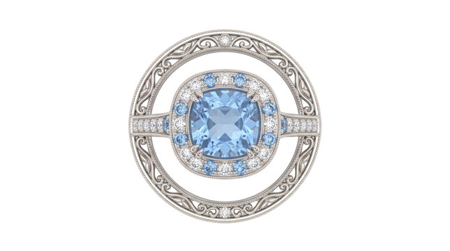 Vintage aquamarine engagement ring, white gold halo diamond ring with blue gemstone, antique filigree jewelry on white background