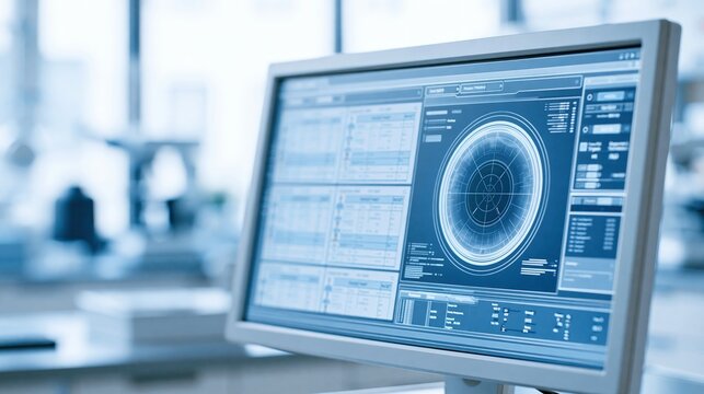 Computer monitor displaying futuristic blue interface with circular
