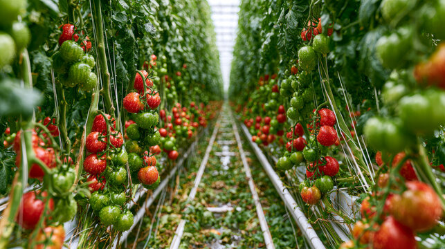 Vibrant greenhouse showcasing rows of both ripe and unripe tomatoes thriving in a carefully managed environment
