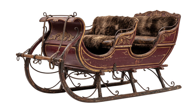 Vintage horse-drawn sleigh with fur seats. Antique wooden winter sled on white background. Ornate Victorian carriage for holiday decor.